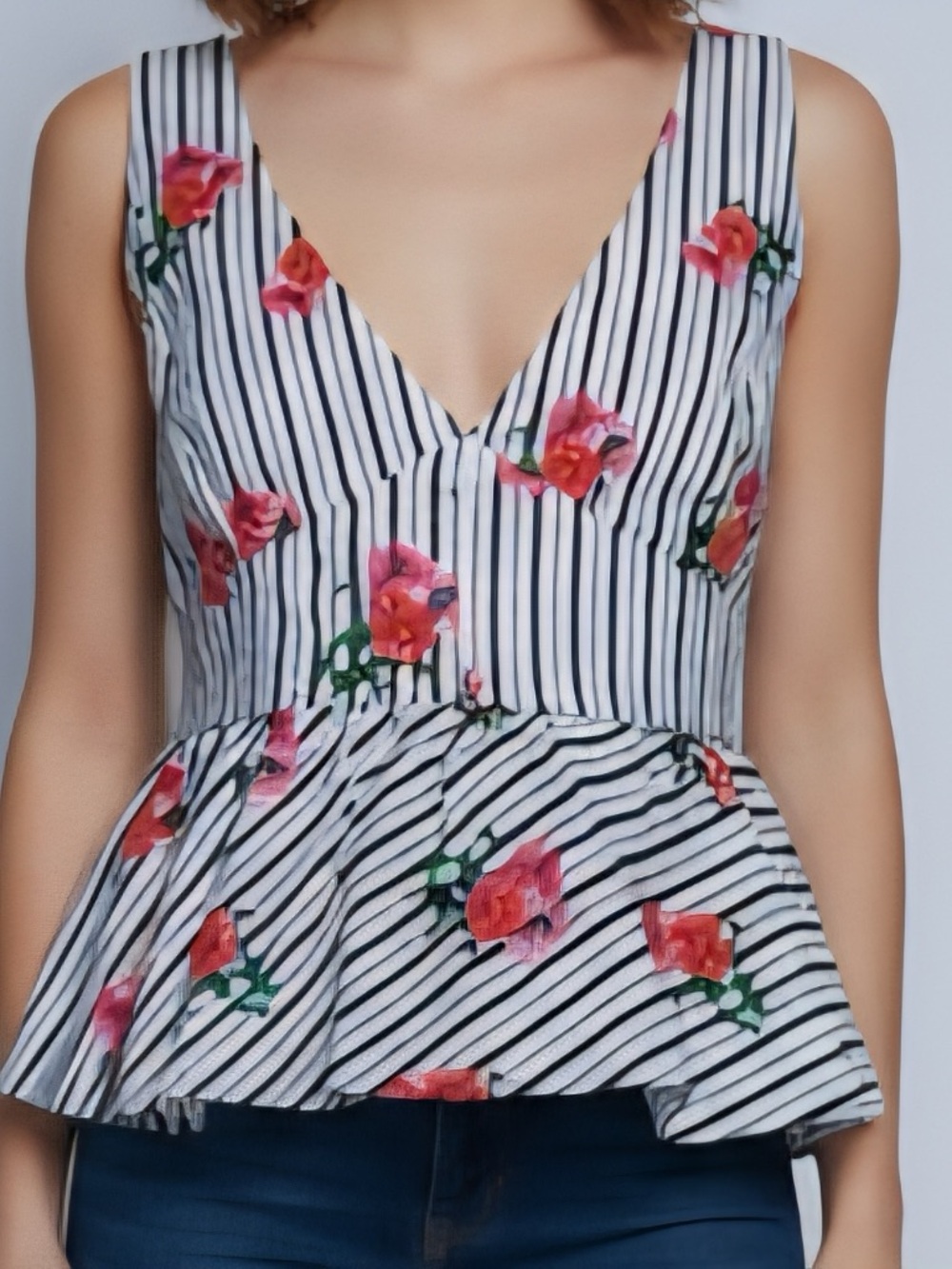 Forever 21 White and Black Striped Floral Peplum Tank Top